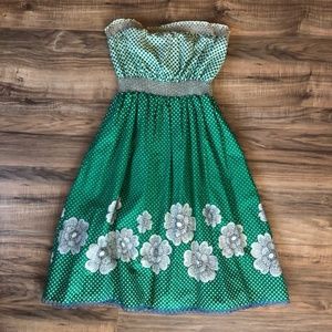 Anthropologie Green Polka Dot Strapless Floral Dress